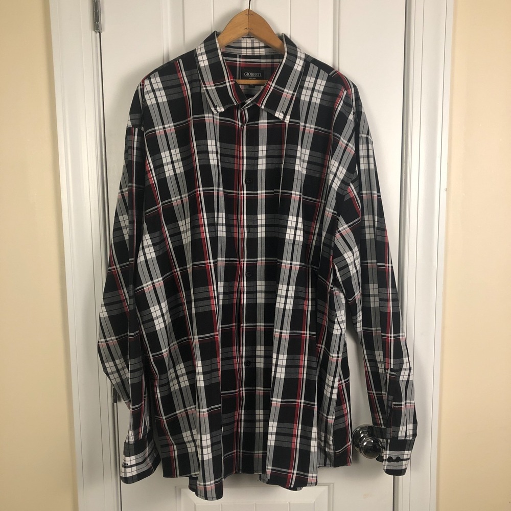 Mens Shirt 3XL Black White Plaid Button Up Long‎ Sleeve Americana Grunge Preppy